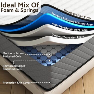 Матрац 140x200 холодна піна H2 H3 з сертифікацією Oeko-Tex, висота 25 см, 7-зонний пружинний матрац з ефектом пам&39яті, матрац 140x200x25см, 140 x 200 см, 25см-H3-середньожорсткий