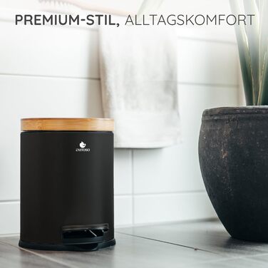 Відро для сміття для ванної Exitoso 5 л чорне - косметичне відро з бамбуковою дерев'яною кришкою та механізмом плавного закриття -