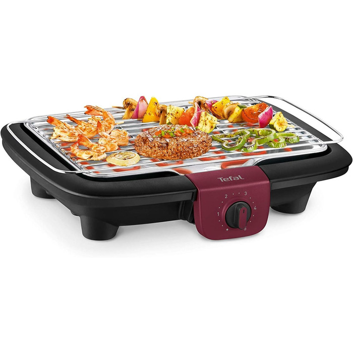 Електричний гриль Tefal Easygrill Adjust BG90F5 з підставкою для вулиці та можливістю використання як настільний, 2300 Вт, площа гриля 870 см, легке очищення, чорний/бордовий