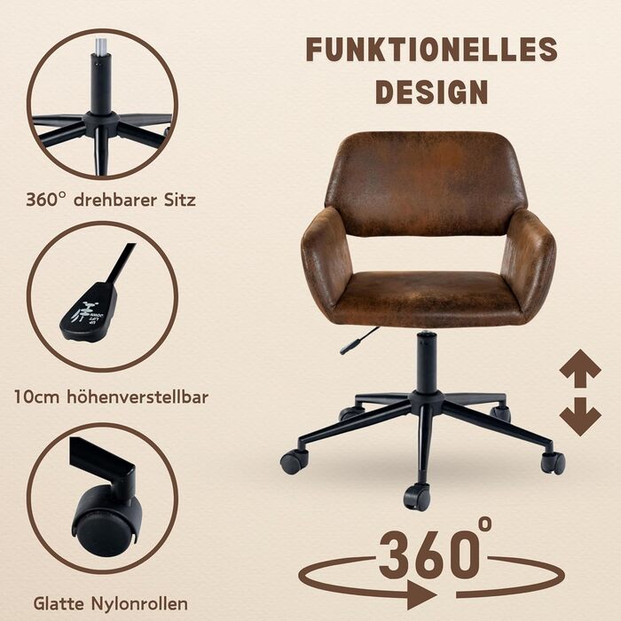 Вінтажне офісне крісло з підлокітниками, поворотне на 360, регульована висота 4555 см, під коричневу шкіру, з колесами для домашнього офісу