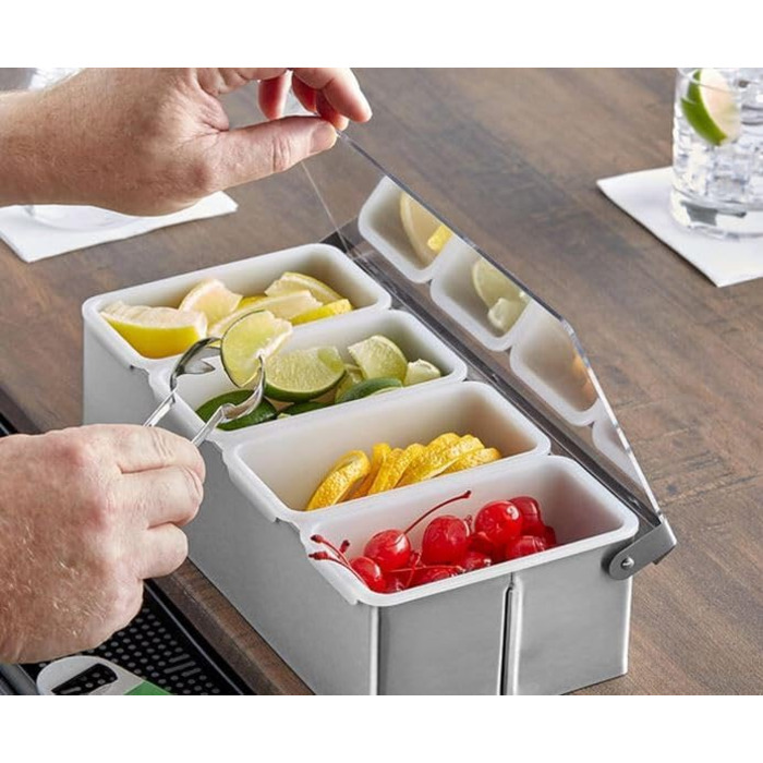 Контейнер для інгредієнтів Cocktail7 з нержавіючої сталі, 4 відділення, прозора пластикова кришка та знімні контейнери, барні аксесуари