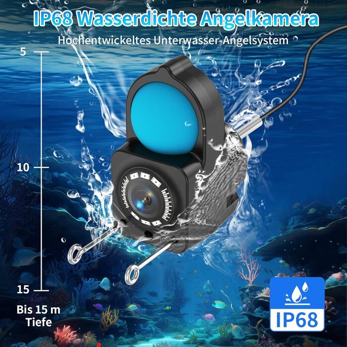 Ехолот для риболовлі з 4,3-дюймовим РК-дисплеєм, 15-метровим водонепроникним кабелем IP68 та 6 ІЧ-ліхтарями нічного бачення, портативна підводна камера для риболовлі на льоду, в озерах, з човнів та каяків 15M, 1080P HD