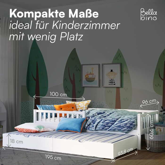 Дитяче ліжко Bellabino Vils 90x200 см Ліжко для малюків, що розкладається до 90x190 см, із захистом від падіння та рейковою основою Дитяче ліжко Монтессорі з масиву сосни білого кольору для хлопчиків та дівчаток. Біле з гостьовим ліжком (матрац не входить