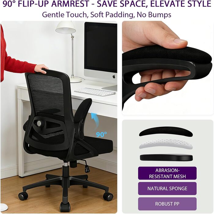 Ергономічне офісне крісло, стілець для роботи зі складними підлокітниками, регульоване по висоті офісне крісло з регульованою поперековою опорою та безшумними колесами, крісло для керівника, вантажопідйомність 120 кг, поперекова опора 4D