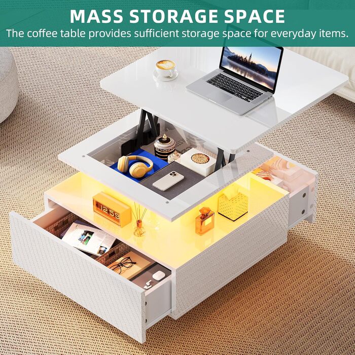 Журнальний столик з регульованою висотою та світлодіодним освітленням, сучасний, 60x60x45 см, глянцевий стіл для вітальні з відкритою полицею та 2 шухлядами, білий