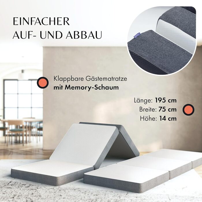 Розкладний матрац розкладний гостьовий матрац товщина 14 см та зручний H3 розкладний матрац, що економить місце дорожнє ліжечко для дорослих рейтинг ДУЖЕ ДОБРЕ згідно зі стандартом Oeko-Tex чохол, який можна прати 75 x 195 см сірий білий односпальний матр