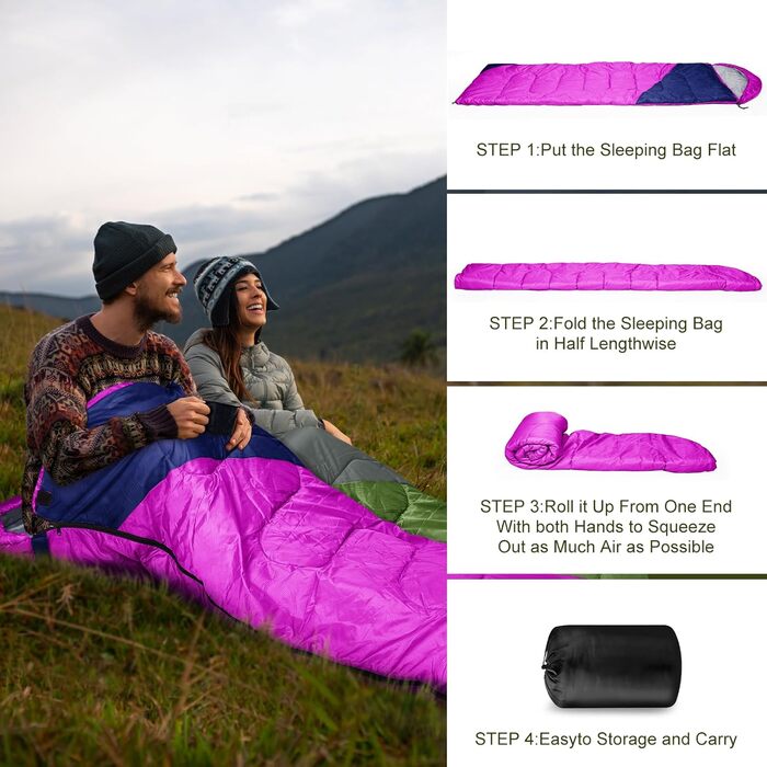 Легкий та компактний спальний мішок для дорослих та дітей, 3-4 сезони, легкий та компактний спальний мішок для походів, прямокутний кемпінговий спальний мішок з кишенею, рожево-червоний темно-синій