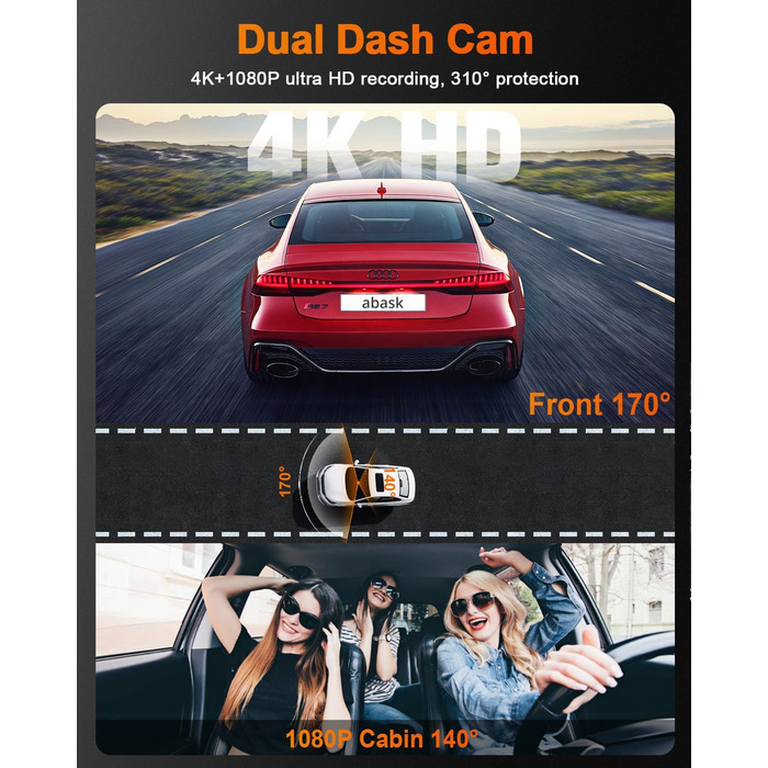 Автомобільна інфрачервона камера нічного бачення abask 4K з широким кутом огляду 310, G-сенсором, циклічним записом, WDR, 24-годин