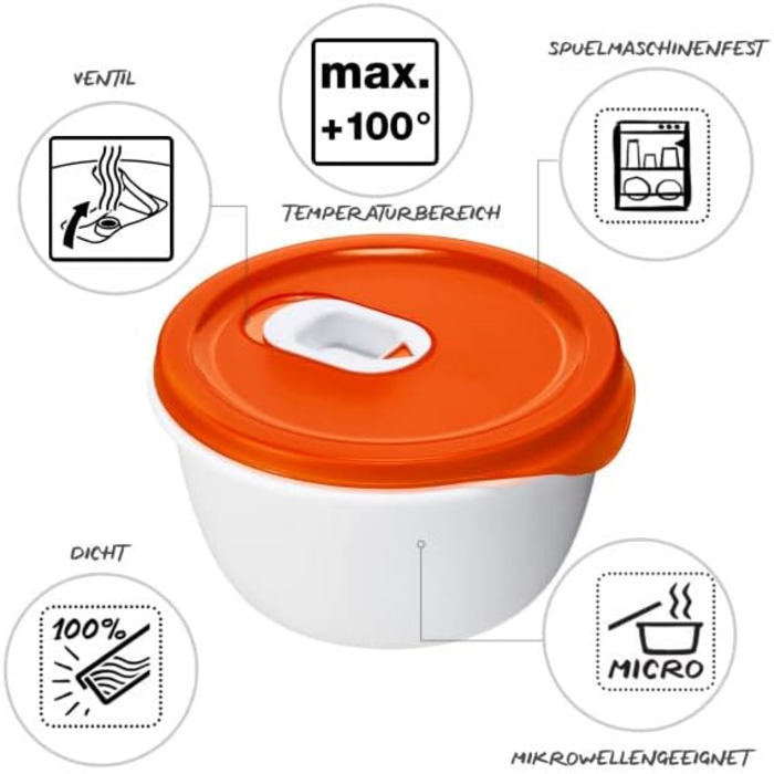 Набір із 3 мисок для мікрохвильової печі Rotho Micro Clever 0,8 л з кришкою та клапаном, червоно-білий, стандартні 3 x 0,8 л