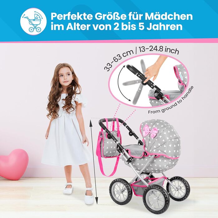 Коляска для ляльок Kinderplay від 2 років, коляска для ляльок від 2 років - Легка та стійка конструкція, коляска для ляльок від 1