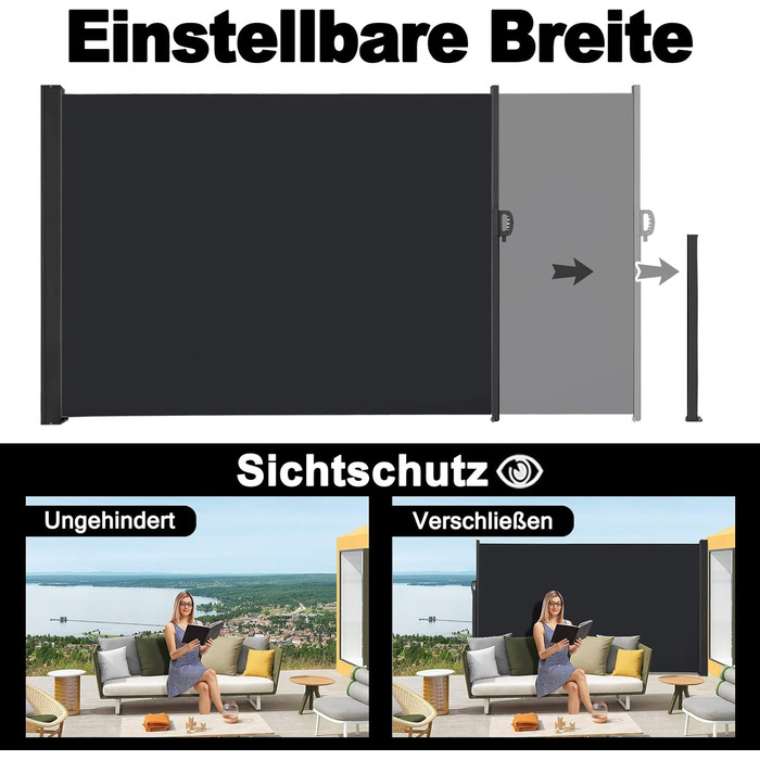 Бічний тент Aufun з алюмінію 200 x 300 см, розсувний непрозорий сонцезахисний тент з настінним кріпленням для балкону, тераси, саду - антрацитовий 200x300 см