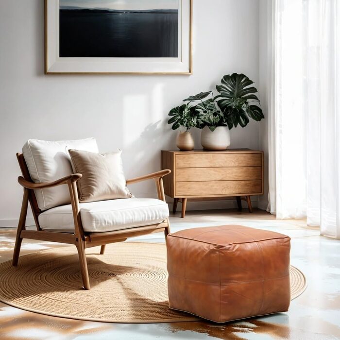 Вінтажний табурет Marrakech з подушкою для сидіння, включаючи наповнювач, виготовлений з натуральної шкіри Пуф-табурет Fjord кольору коньячного коричневого, заввишки 45 см Крісло-мішок для ніг як декор скандинавської спальні та вітальні