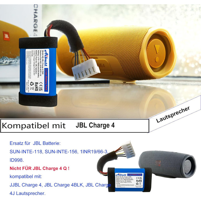 Замінний акумулятор 3.7V 7800mAh для JBL Charge 4, JBL Charge 4BLK, динаміків JBL Charge 4J, заміна акумулятора JBL SUN-INTE-118, SUN-INTE-156, 1INR19/66-3, ID998. (Не для JBL Charge 4 Q)