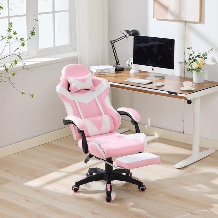 Ергономічне ігрове крісло з функцією масажу та підставкою для ніг регульоване по висоті, підтримка голови та попереку, поворот на 360, вантажопідйомність 150 кг, рожево-білого кольору. Рожево-білий 116,5 x 52,0 x 64,5 см