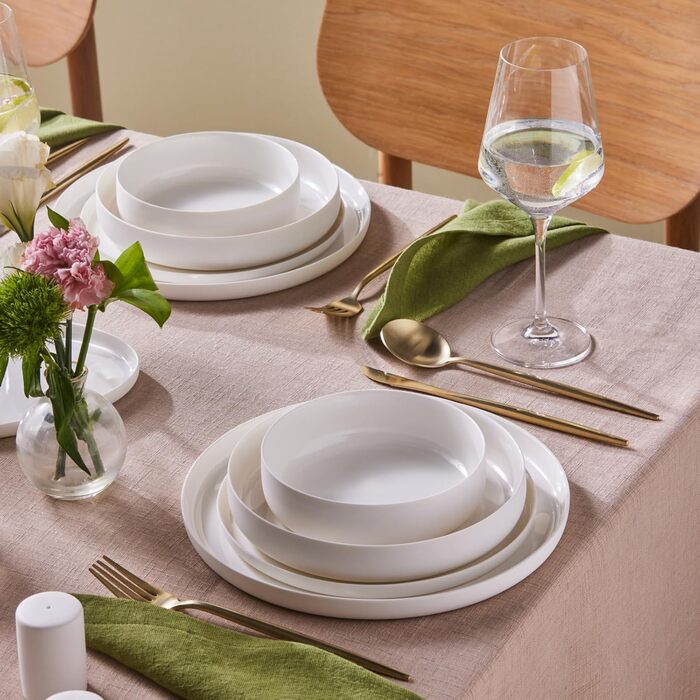 Набір посуду Karaca Earth Collection Matte Glaze, 55 предметів, на 12 персон, керамічний, можна мити в посудомийній машині та використовувати в мікрохвильовій печі, набір посуду для щоденного використання/набір тарілок, білий Earth Collection Matte White