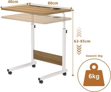 Стіл для ноутбука 60x40 см, стіл з регульованою висотою, комп&39ютерний стіл, мобільний стіл для ноутбука з поворотними колесами, слотом для карток та підставкою для чашок для спальні, офісу (колір дерева)