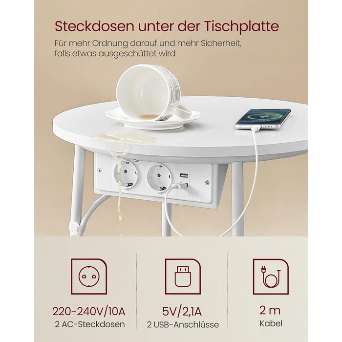 Круглий бічний столик VASAGLE, маленький столик, журнальний столик з розеткою, столик для вітальні, кошик з тканини, місце для зберігання у вітальні та спальні, сучасна тумбочка, матовий білий-верблюжий коричневий LET228W02 Матовий білий верблюжий коричне