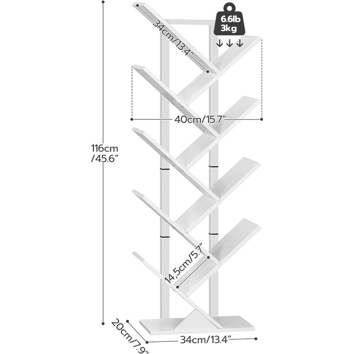 Книжкова полиця HOOBRO у формі дерева, підлогова книжкова полиця з 9 полицями, книжкова полиця для домашнього офісу для зберігання книг та компакт-дисків, міцна та стійка, для вітальні EWT08SJ01G1 34 x 20 x 116 см білий