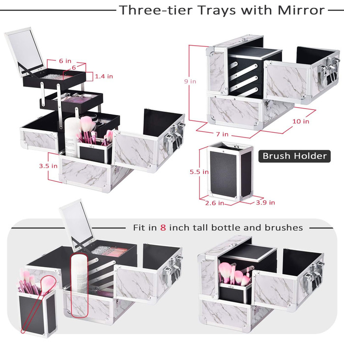 Коробка для макіяжу Joligrace, косметичний футляр, органайзер для ювелірних виробів, коробки для зберігання косметики з дзеркалом і тримачем для щітки, замки для ключів, мармуровий білий, L