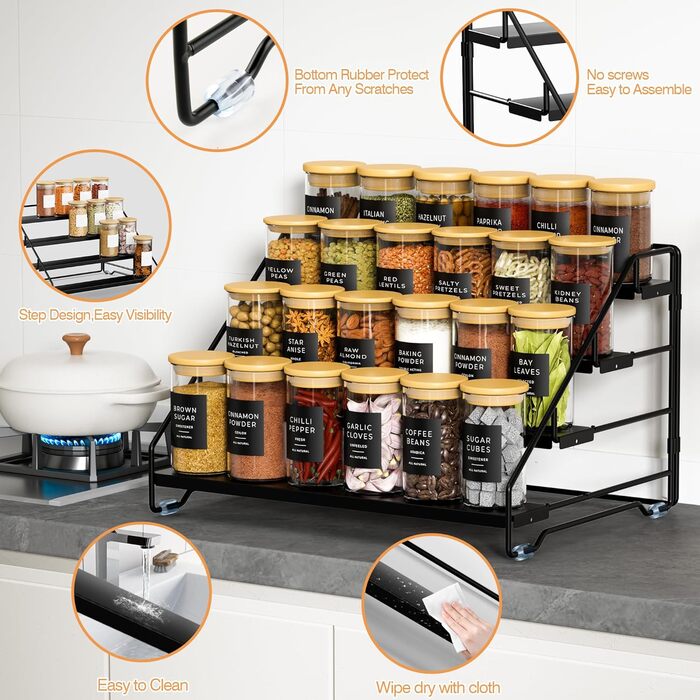 Рівнева підставка для спецій, металева регульована підставка для спецій, не потребує свердління, підставки для спецій для кухні, шафи та стільниці, органайзер для підставок для спецій (чорний), 4-