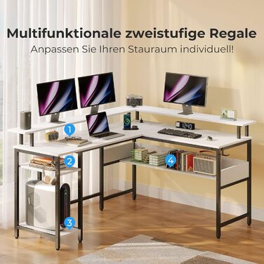 Г-подібний ігровий стіл Rolanstar зі світлодіодним освітленням та розетками, ігровий стіл з підставкою для монітора та місцем для зберігання, кутовий стіл з 2 гачками, великий двосторонній комп&39ютерний стіл для офісу (білий, 137 x 108 см) Білий 137 x 10