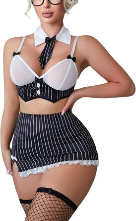 Комплект жіночої сексуальної білизни для косплею з бюстгальтером, міні-спідницею в смужку та панчохами в сітку - костюм секретарки для косплею XL