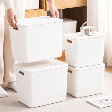 Л 25 л, 6 великих пластикових білих контейнерів для зберігання, кошики, скриня для іграшок з кришкою та ручкою, контейнер-органайзер для дітей, дитячої кімнати, полиць, ігрової кімнати, спальні, офісу, шафи, дому (4XL 2 л), білий колір, 4 XL 2 л, 12