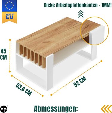 Журнальний столик для дивана Невеликий журнальний столик з білого дуба з місцем для зберігання Сучасний журнальний столик з рейками Журнальний столик Невеликий столик Журнальний столик 92 см Міцний журнальний столик, білий дуб