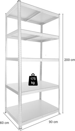 Полиця Arebos для важких умов експлуатації 200x90x60 см Вантажопідйомність 875 кг 5 полиць з МДФ Легке складання за допомогою вставної системи Оцинкована