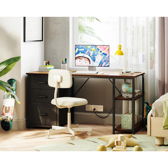 Письмовий стіл Coleshome з тканинними шухлядами, 130x48 см, комп&39ютерний стіл з 2 розетками та 2 портами USB для зарядки, ПК-стіл з полицею, двосторонній офісний стіл для офісу, вітальня, коричневий, 130x48x75,7 см