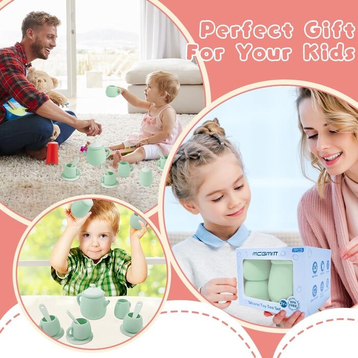 Дитячий набір для чаювання Веселий чайний вечір, силіконовий посуд для ігрової кухні, 15 предметів. Розвиваючий ігровий набір для дівчаток та хлопчиків, сприяє фантазії та навчанню, чудовий подарунок для дітей від 3 до 5 років, зелений колір.