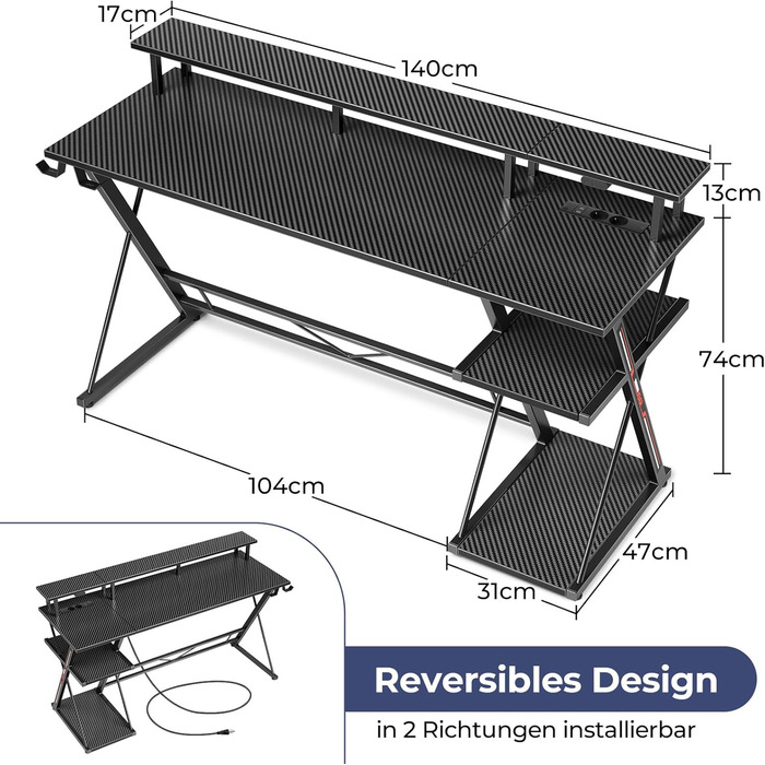 Ігровий стіл SEVEN WARRIOR зі світлодіодним освітленням та розетками, комп&39ютерний стіл 140 см з підставкою для монітора та підставкою для процесора, стіл з 2 гачками та підставкою для ніг, ідеально підходить для спальні або офісу, 140 x 47 x 87 см