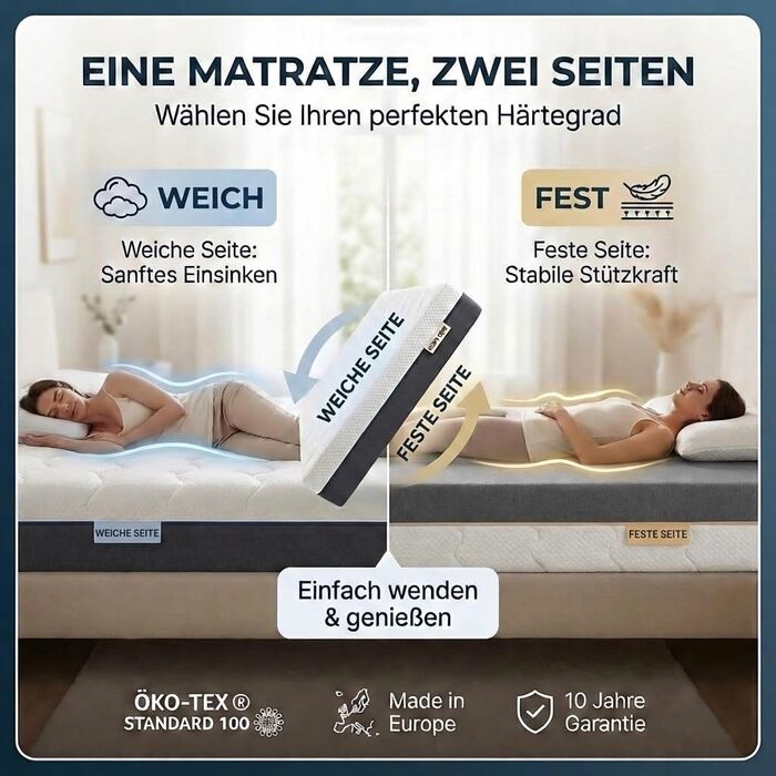 Матрац KNERST Duoflex 90 x 200 см - 2 рівні жорсткості м&39який та жорсткий - гелева піна з ефектом пам&39яті та 7-зонна комфортна піна - висота 21 см - ортопедичний матрац для всіх положень сну - матрац