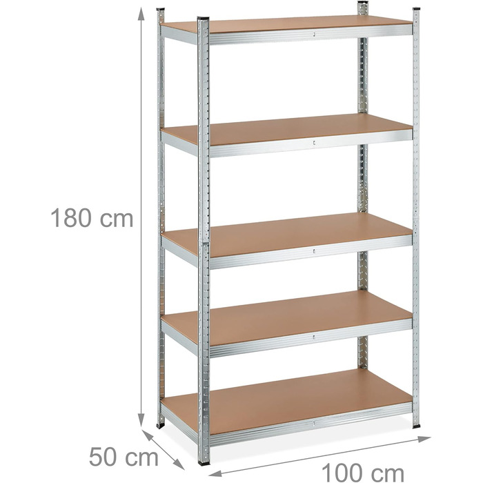 Полиця для зберігання Relaxdays для важких умов експлуатації, 5 ярусів, висота та ширина 180x100x50 см, вантажопідйомність 1250 кг, для підвалу, гаража, металева, срібляста