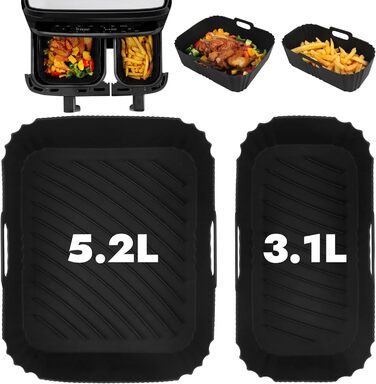 Силіконові вставки GINOYA для кошиків Tefal EY9018 Dual Easy Fry 5.2/3.1 л, Moulinex 8.3 л, Cecotec 5.5/3.5 л, DMS 6L/4L, фритюрниці Аксесуари для двокамерної фритюрниці Dual Black, силіконова форма