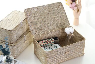 Кошик для зберігання морської трави з кришкою, плетена прямокутна ротангова скринька ручної роботи для іграшок, одягу, книг, ключів, органайзера для макіяжу, набір з 3 полиць-кошиків