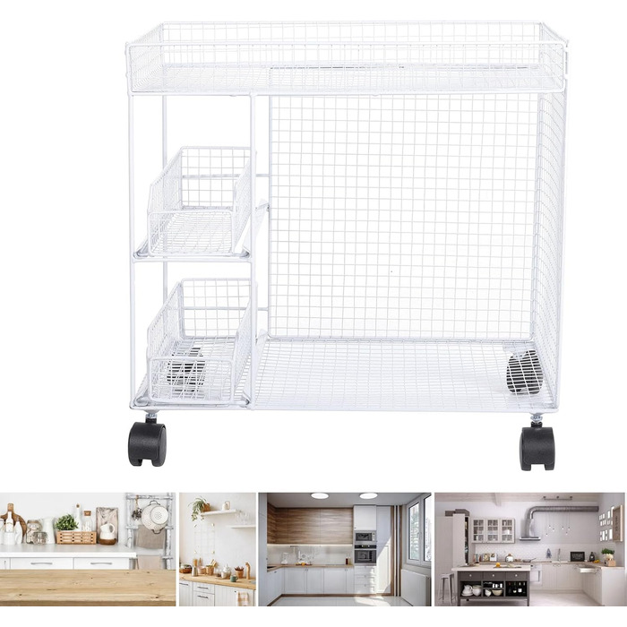 Розсувний органайзер для кошиків, мобільні полиці для зберігання, полиці для комори з поворотними на 360 градусів колесами, що блокуються, ідеально підходить для зберігання тарілок, мисок та посуду (білий)