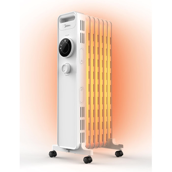 Масляний радіатор Midea NY1507-22M, енергозберігаючий, тихий електричний обігрівач потужністю 1500 Вт із 7 ребрами, термостатом, 3 режимами нагріву, захистом від перекидання та перегріву, еко-режимом, швидким нагріванням та портативним, білий колір