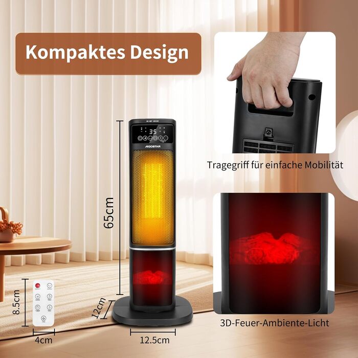 Енергозберігаючий, тихий електричний обігрівач з пультом дистанційного керування, сенсорним світлодіодним дисплеєм, нагрівальним елементом з 3D-полум&39ям, 2000 Вт, 5 режимів та ECO, регульована температура 5-35, таймер 24 години, коливання, чорний