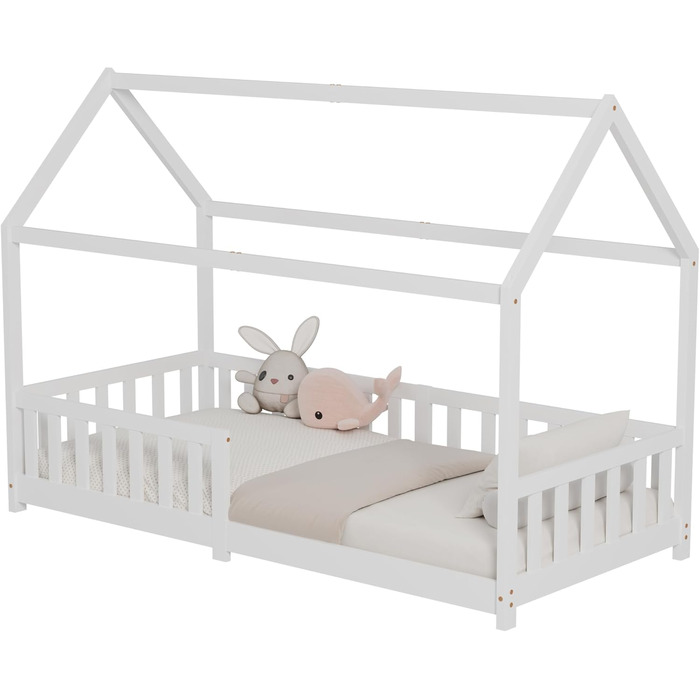 Дитяче ліжко ecomi 80x160 Ліжко на підлозі Дитяче ліжко-ліжко-будиночок із захистом від падіння та рейковою основою для дітей Дитячі ліжка для дівчаток та хлопчиків Масив сосни білого кольору 80x160 Білий