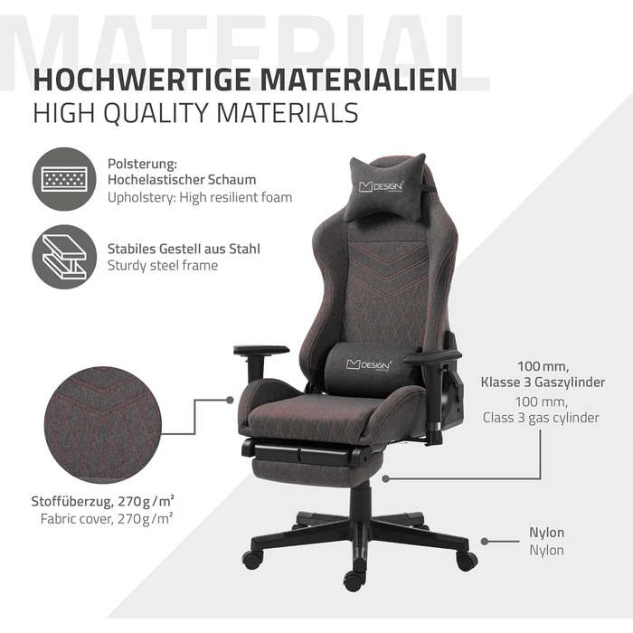 Ігрове крісло ML-Design, сіро-червоне, тканинне, ергономічне офісне крісло, регульоване поворотне крісло, гоночне ігрове крісло з підлокітниками, підголівником, поперековою подушкою, підставкою для ніг, робоче крісло, спортивне сидіння, крісло керівника