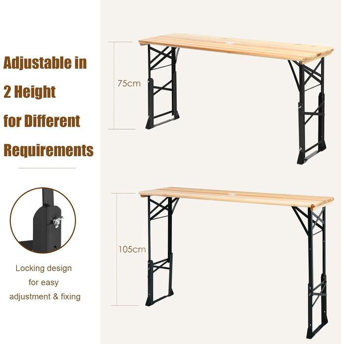 Пивний стіл KOMFOTTEU з регульованою висотою (75 см-105 см), складаний стіл-намет для пива з отвором для парасольки, стіл для пікніка, розкладний стіл, фуршетний стіл для саду, вечірки, 168,5 x 50 см (Д x Ш)