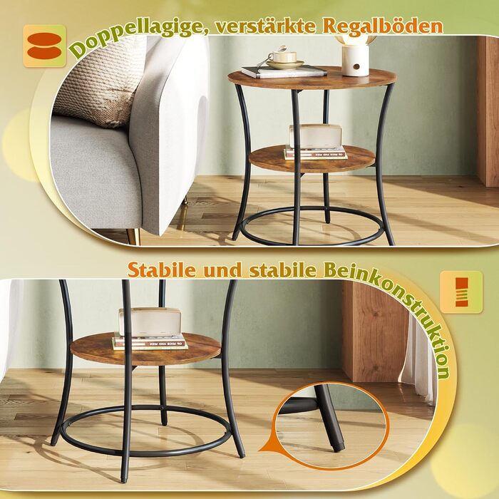 Круглий журнальний столик WLIVE, 2-рівневий маленький журнальний столик з відділенням для зберігання, металевий каркас, кругла тумбочка для вітальні, спальні, невеликих приміщень, рустикальний коричневий