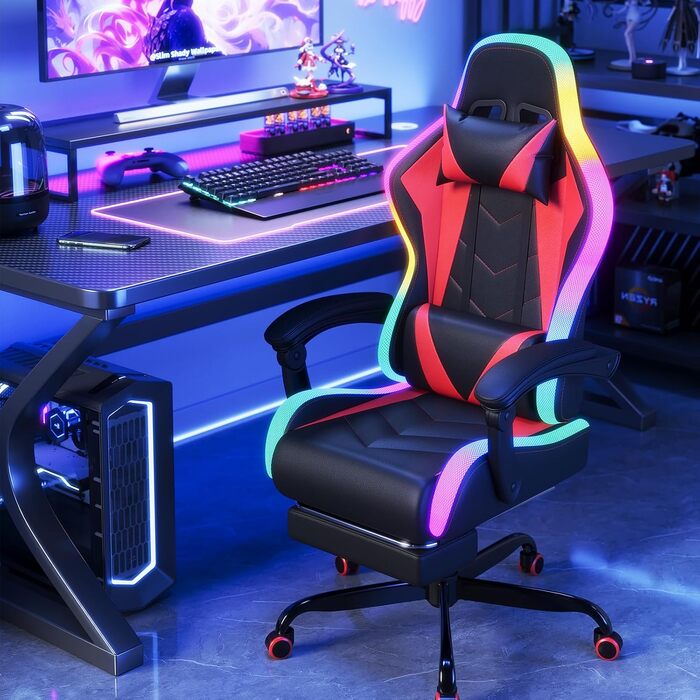 Ігрове крісло JUMMICO зі світлодіодним освітленням, круте гоночне ігрове крісло, ергономічне офісне крісло з функцією масажу, регульована спинка 90-135, з телескопічною підставкою для ніг, ігрове крісло вантажопідйомністю 150 кг, червоне