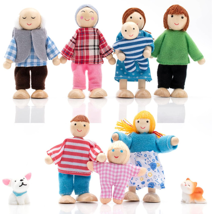 Дерев&39яний ляльковий будиночок для сім&39ї з котом та собакою, фігурки для лялькового будиночка для подарунка на аксесуари для лялькового будиночка