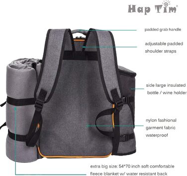 Рюкзак для пікніка Hap Tim для 4 осіб з ізольованим відділенням-холодильником, тримачем для вина, флісовою ковдрою, набором столових приборів, подарунками на заручини для пар, подарунком на весільну вечірку, подарунками на весілля (EU-36021) 4 особи сірог