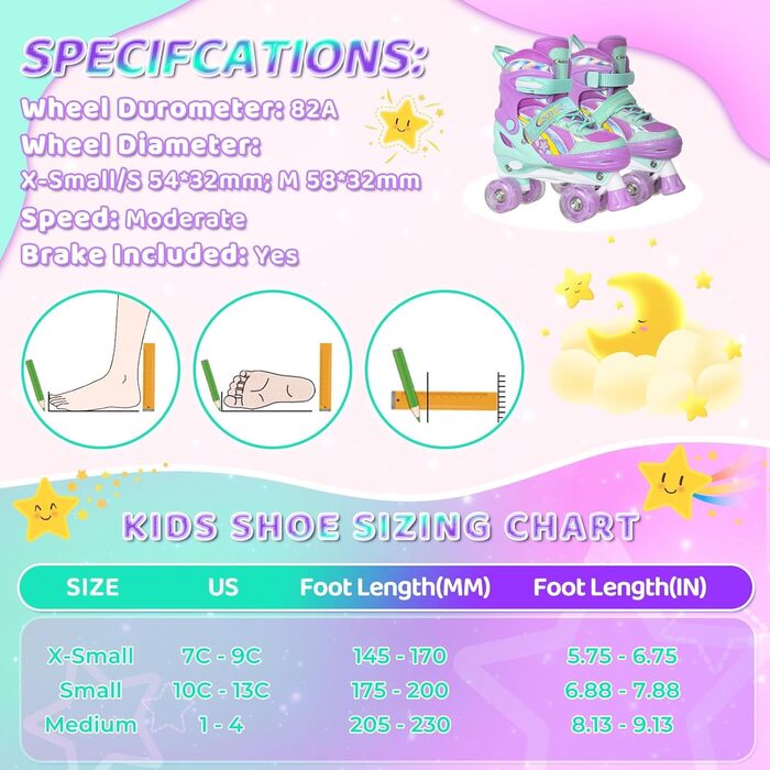 Роликові ковзани Nattork для дівчаток, регульовані у 4 напрямках, райдужні роликові ковзани найкращий подарунок на день народження для занять спортом на свіжому повітрі, розмір S (27-31 EU / 175-200 MM), бензиновий колір