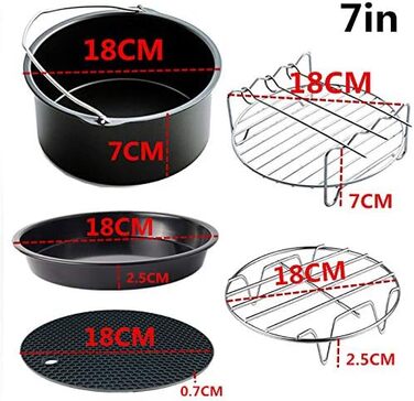 Аксесуари для фритюрниці 18 см, аксесуари для фритюрниці з 7 частин із кулінарною книгою рецептів, для фритюрниць XL 3.5 л-4.5 л більшості брендів, без бісфенолу А, можна мити в посудомийній машині, 7 дюймів