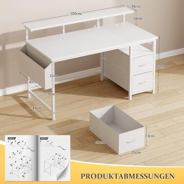 Письмовий стіл 120x48 см з 2 шухлядами, пропонує місце для зберігання, комп&39ютерний стіл, ігровий стіл з підставкою для монітора, 2 гачки для зберігання, відділення для організації кабелів, підходить для працівників з дому та геймерів, білий 120x48 см