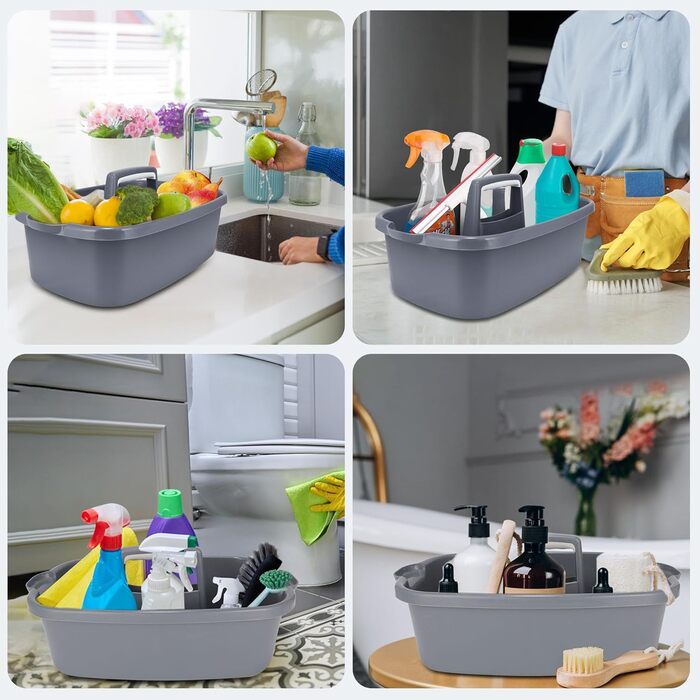 Абелювані органайзери для мийних засобів - кошик для зберігання, багатоцільовий пластиковий кошик з ручкою, кошик для садових інструментів, кошик для прибирання, органайзер для ванної кімнати, коробка для зберігання, сірий, 2 шт.